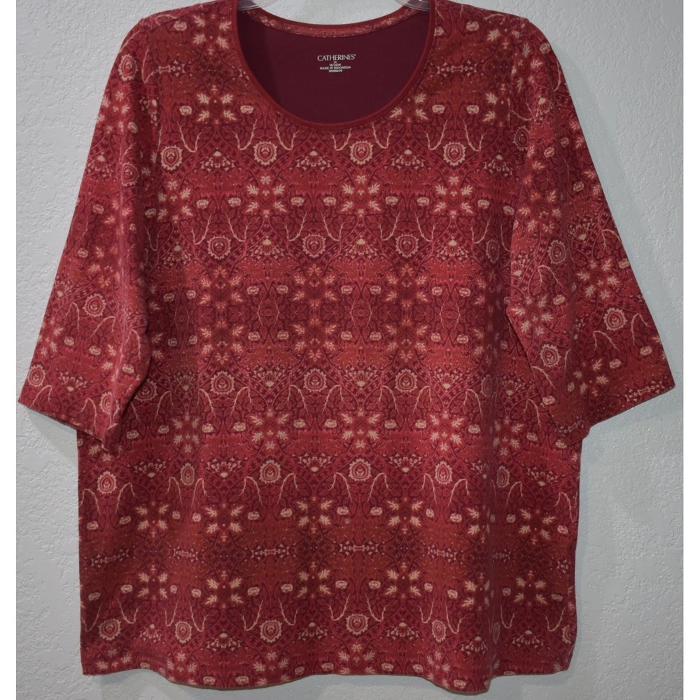 Catherines 1X Top Damask Paisley Soft Comfy Cotton Stretch Elbow Sleeve 18/20W